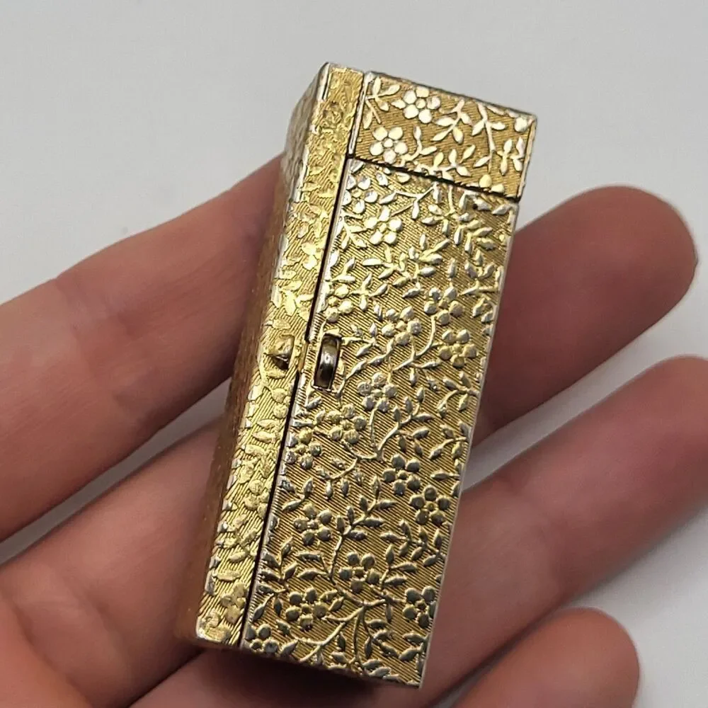 Vintage 50's Avon Gold Tone Metal Lipstick Case w. Mirror Floral Stamping 2in